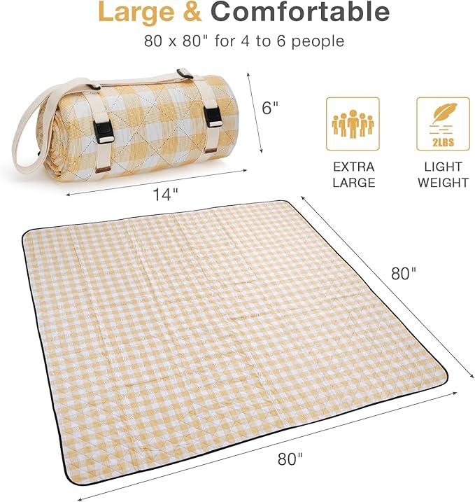 Picnic Blanket, 80''x80'' Waterproof Outdoor Blankets, Picnic Mat Washable for Beach, Picnic Blankets for Camping on Grass with Shoulder Strap - Yellow & White