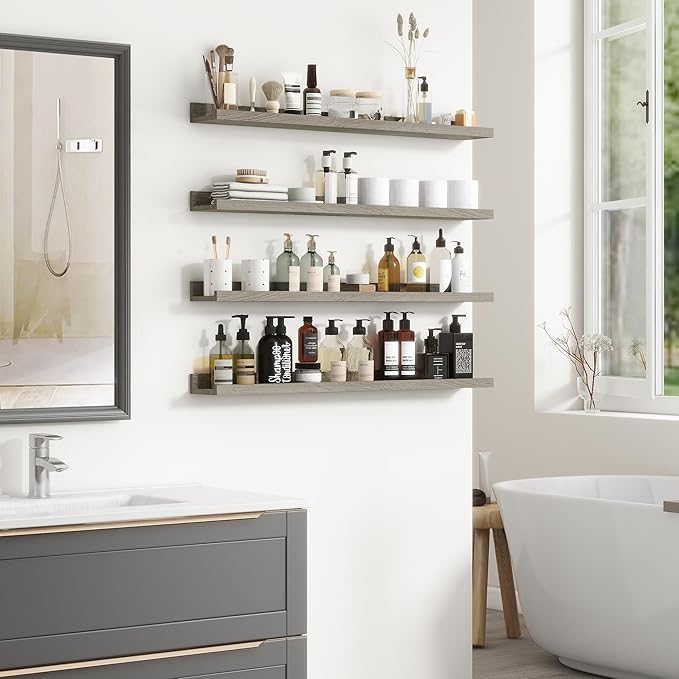 Fun Memories Picture Ledge Shelf, 36 Inch Floating Shelves for Wall, Nursery Bookshelf for Storage, Rustic Elm Wood Photo Ledge Shelves for Bedroom, Living Room, Kitchen (Grey, 36in Set of 2)