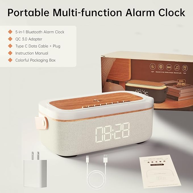 LOVME Alarm Clock Bluetooth Speaker for Bedroom, Bluetooth Stereo Sound Speaker, Fast 15W Wireless Charger, Dimmer, Night Light for Heavy Sleepers, Gift Set, Bedside(Khaki)