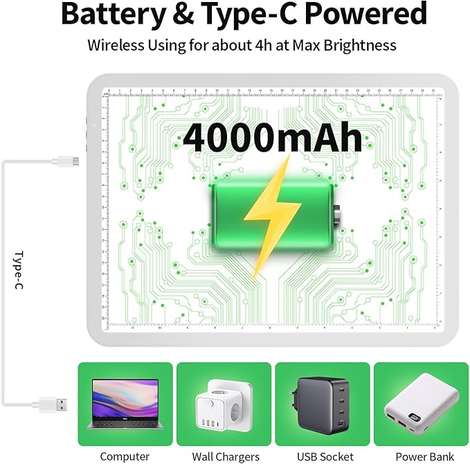 Up To 9000Lux Super Bright A4 Light Pad With Bag,Rechargeable light box with 4000mAH Lithium Battery for Cricut Weeding Vinyl Tool,Magnet light box for tracing,Diamond Painting,Sketching,Tattoo(White)