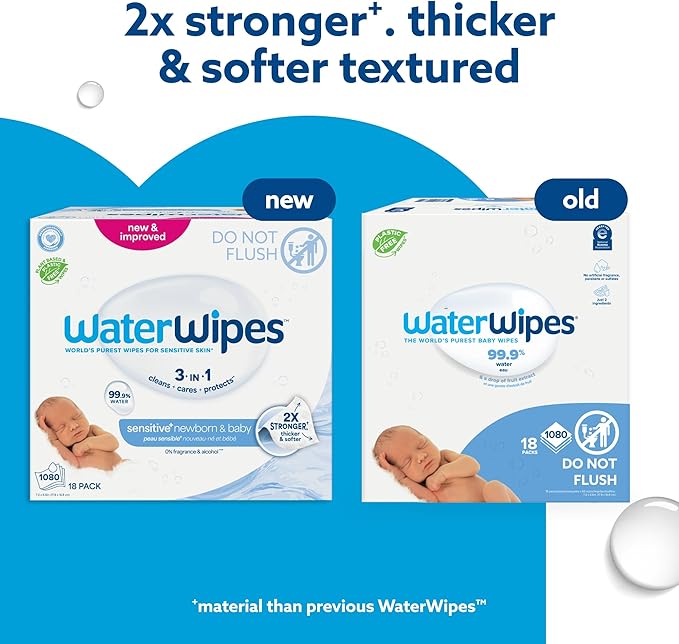 WaterWipes Sensitive+ Newborn & Baby Wipes, 3-In-1 Cleans, Cares, Protects, 99.9% Water, Unscented & Hypoallergenic, 1080 Count (18 Packs)