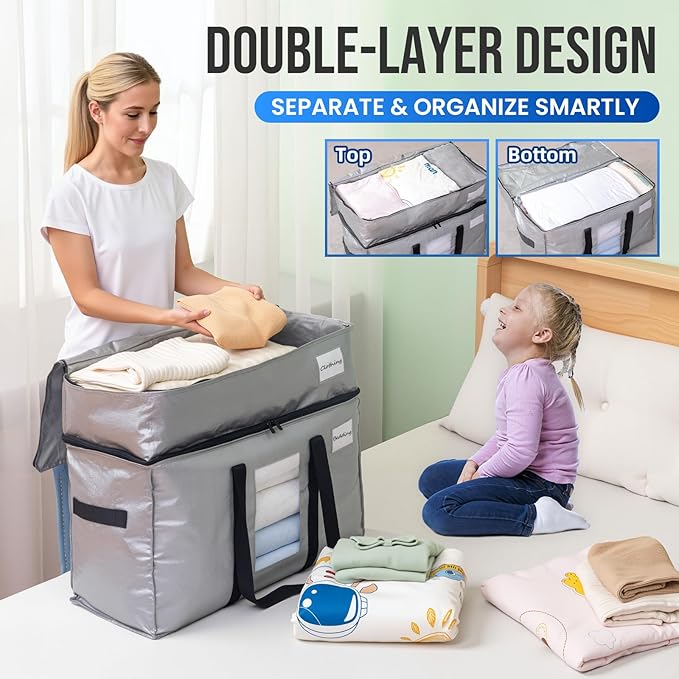 TAILI 2 Tier Extra Large Moving Bags, 2 Pack Silver Heavy Duty Totes For Storage with Visible Window, Wrap Around Handles, Storage Bags for Space Saving, Alternative to Moving Boxes