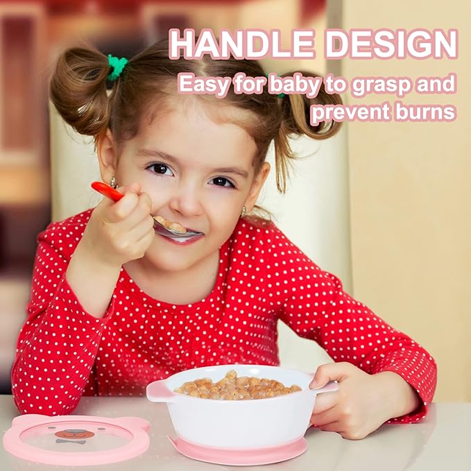 MR. CHOU Suction Baby Bowls with Leakproof Tempered Glass Lids for Babies & Toddlers, Ceramic First Stage Infant Feeding Supplies with Handles, 100% Food Grade Snack Cotainer for Kids, Pink