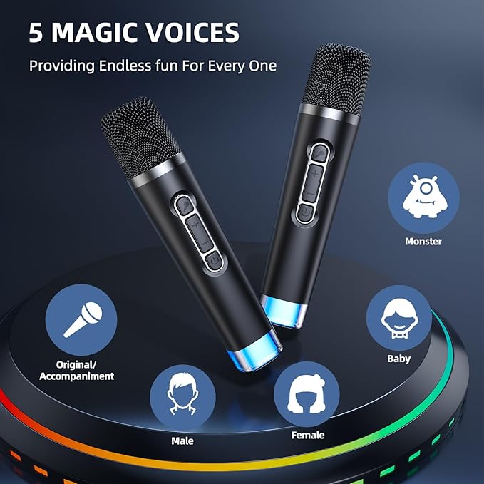 Kinglucky 2025 Upgrade Karaoke Machine, Portable Bluetooth Speaker with 2 Wireless Microphones for Adults & Kids with Lights, Karaoke for All Smartphones, Birthday, Family, Home Party or Gifts (Black)