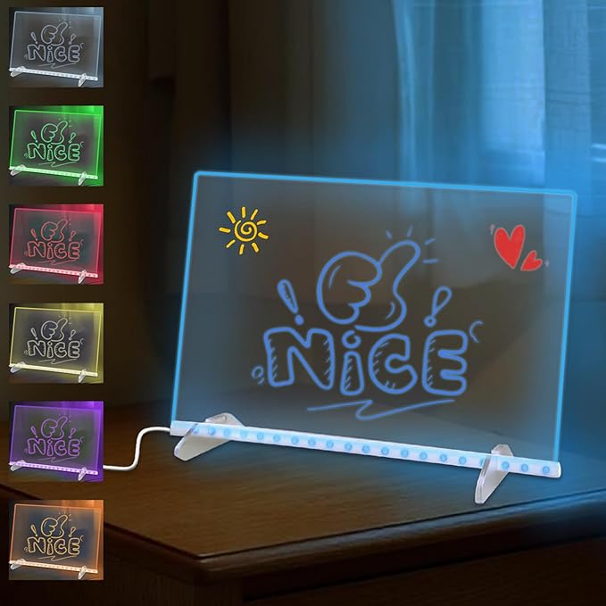 LED Drawing Board with Colors –13.7x9.84 Inch Acrylic Light-Up Message Board, Includes 7 Markers, Adapter, Stand, Hanging Chain, Soft Cloth, Spray Bottle, for Home, Office, Kitchen, and Bedroom