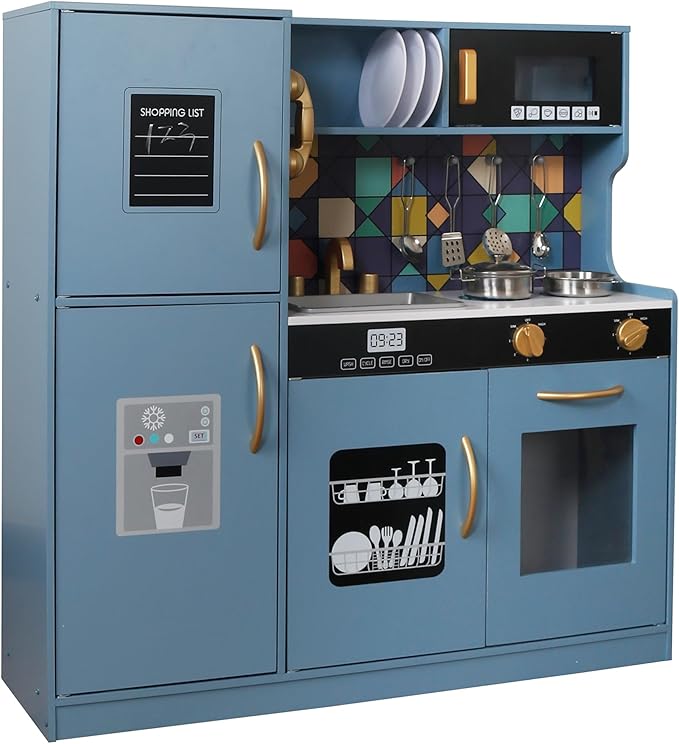 Wooden Play Kitchen Toy Set with Light, Kids Children Pretend Toy Kitchen Playset, Sink Play Toy Oven with Microwave,Toddler Cooking Set Toy for Ages 3+ Baby Girls Boys (Blue)