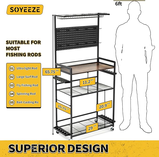SOYEEZE Fishing Rod Holders for Garage,Fishing Gear Holder for Fishing Rod Tackle Box Storage，Fishing Pole Holders for 12 Rods with Hooks and Pegboard,Fishing Cart with Reel Rack