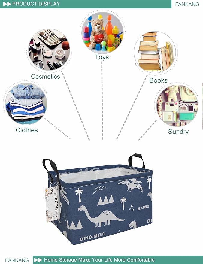 FANKANG Storage Bins, Nursery Hamper Canvas Laundry Basket Foldable with Waterproof PE Coating Large Storage Baskets for Kids Boys and Girls, Office, Bedroom, Clothes,Toys(Rec-Blue dinosaur