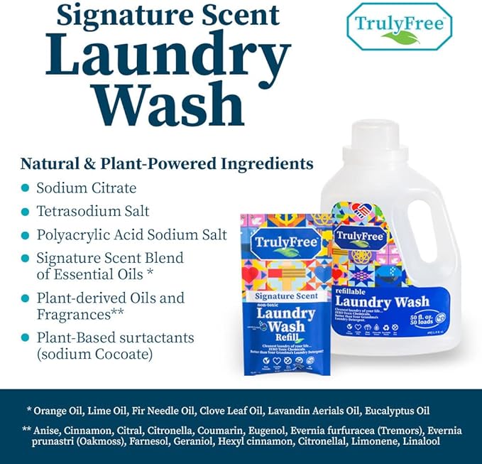 Natural Laundry Detergent for Sensitive Skin | Eco Friendly, Plant Based, Baby Clothes Safe | Clean & Easy Powder to Liquid, 4 Pack Refill Detergent, NO Jug | Signature Scent, 200 Loads