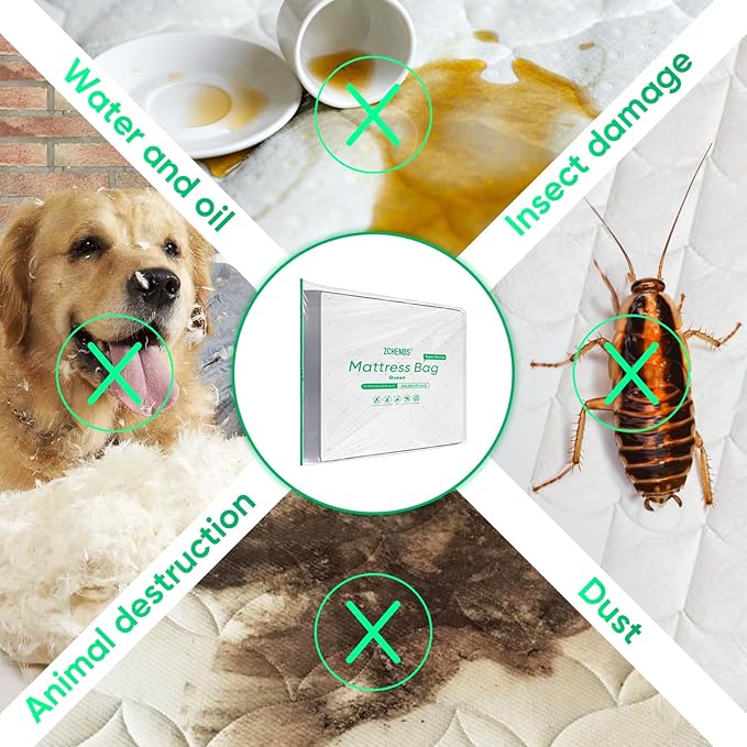 ZCHENBS® – Mattress Bags for Moving and Storage,Mattress Bag with Zippers,5 Mil Ultra-Thick Bed Bag,Waterproof,Anti-Tear,Heavy-Duty Mattress bag (Tansparent/Green, Green-Queen-(2 Pack))