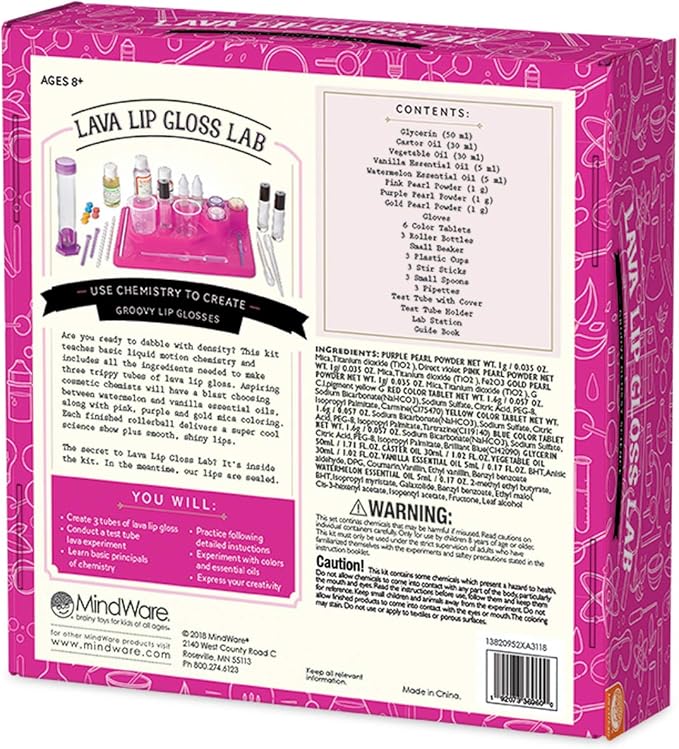 MindWare Science Academy Lava Lip Gloss Lab - 33 Piece Lip Gloss Making Kit - Make 3 DIY Lip Glosses