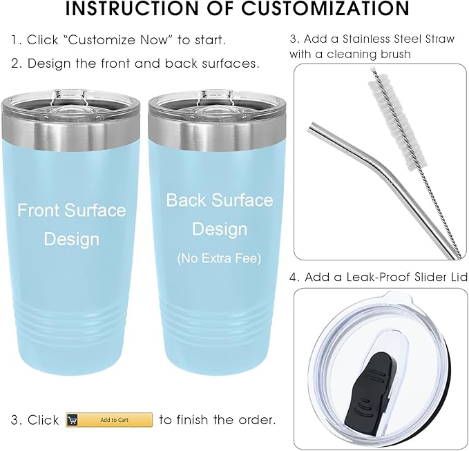 Personalized Tumbler, Custom Travel Coffee Mug, Laser Engraved Insulated Double Wall Stainless Steel Coffee Mug, Gift for Her, Closing Lid Included (Light Blue, 20oz)