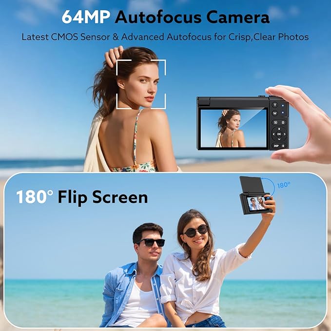 Digital Camera, 4K 64MP Cameras for Photography with 3" 180° Flip Screen,Macro and Wide-Angle Lenses,16X Vlogging Camera for YouTube with 64GB Micro SD Card for Beginner, Teens