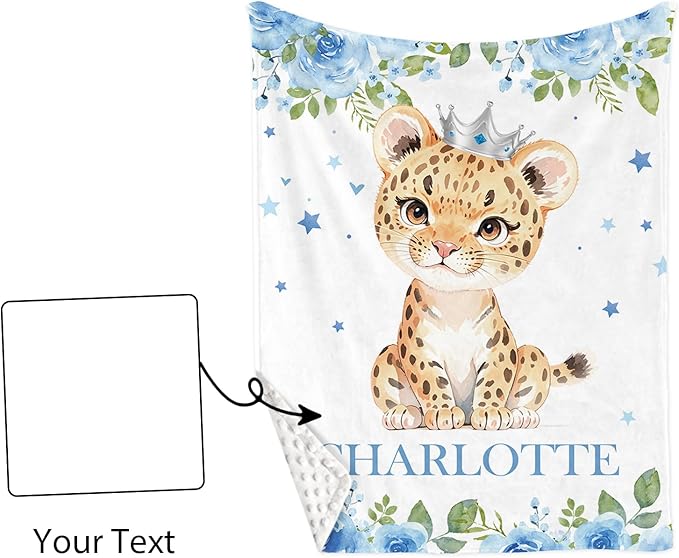 Custom Nursery Crib Bedding Set: Personalized Name 4 Piece Blue Floral Leopard Design Baby Crib Sets for Baby Girls - Toddler Double Layer Blanket Set, Comfortable Crib Bed Sheets for Baby Toddlers