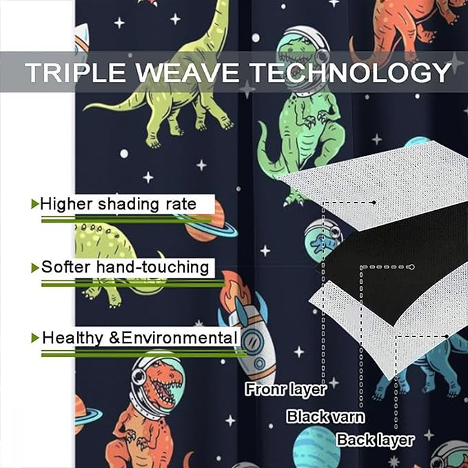 Cartoon Dinosaur Curtains for Kids Boys Girls Home Decor, Astronaut Rocket Funny Outer Space Blackout Rod Pocket Window Drapes for Bedroom Living Room W31.5xL72in 2 Panels