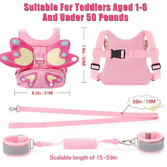 Toddlers Leash + Anti Lost Wrist Link Child Kids Safety Harness Kids Walking Wristband Assistant Strap Belt for Girl Pink Christmas Gift (PINK2)