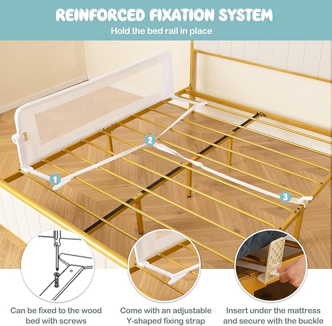 BABY JOY Double Sided Bed Rail Guard, 2 Pack, Extra Long, Swing Down for Convertible Crib, Folding Baby Safety Bedrail for Kids Twin Full Size Queen King Mattress, Rails for Toddlers (White, 60")