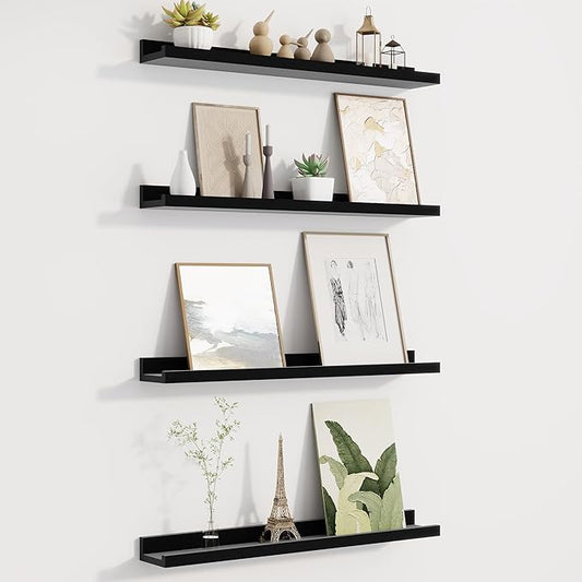Picture Ledge Shelf for Wall, Floating Shelves Set of 4, 24 Inch Long Nursery Book Shelves for Toys Storage, Kids Bookshelf Wall Mounted for Books Photo Frames, Black