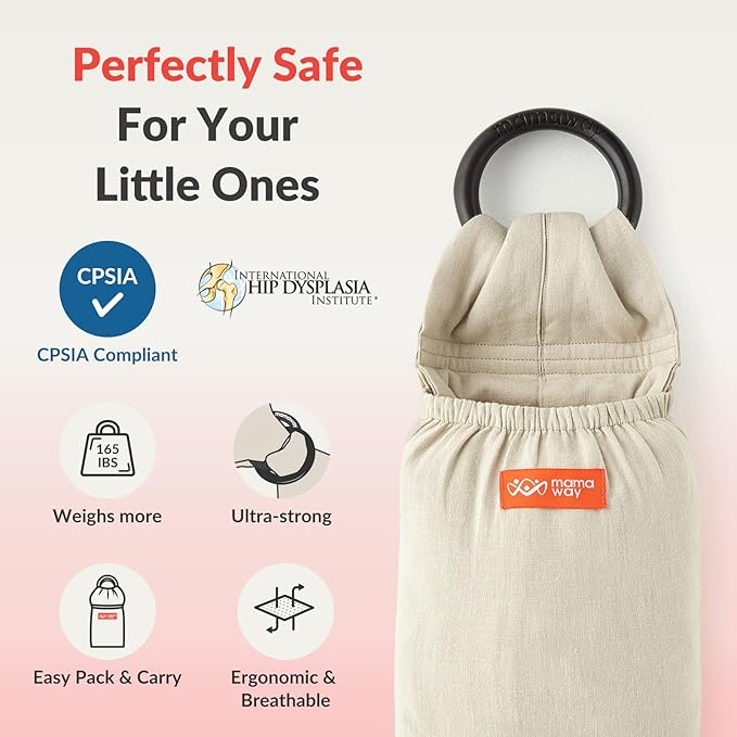 Mamaway Baby Ring Sling Carrier - Newborn and Toddler Sling (Supports up to 165lbs), IHDI Certified, Rayon & Linen Made, Soft & Breathable, Nylon 66 Safety Rings, Storage Pocket Design, Khaki