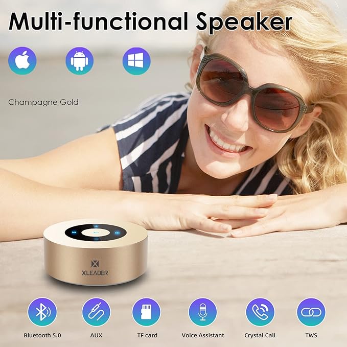 XLEADER Mini Bluetooth Speaker (Travel Case Provided) HD Sound&Rich Bass, Touch Design, 12-15H Playtime, Support Aux Input, Micro SD, Mic, Small, for iPhone Laptop Shower Office, Ideal Gifts, Gold