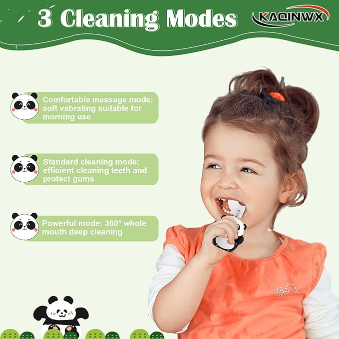 Kids U Shaped Electric Toothbrush for Age 2-12, Rechargeable Toddler Toothbrush with Smart Timer & 3 Clean Modes, Panda Design, IPX7 Waterproof, 3 Brush Heads & 360°Cleaning