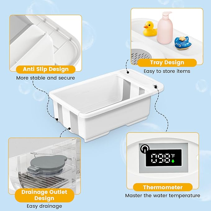 Collapsible Baby Bathtub with Smart Temperature Display, Portable Travel Bathtub, Ideal for 0-36 Months Infants