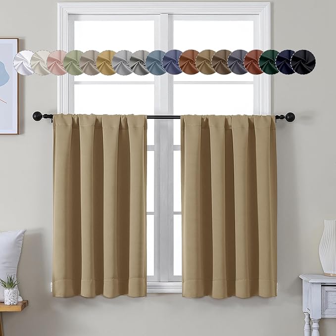 Simplebrand Ava Taupe Short 36 Inches Blackout Curtain 2 Panels Set, Half Window Rod Pocket Privacy Curtain Tiers for Kitchen, Curtains Blackout for Bathroom Shades, W40 x L36 Inch, Taupe