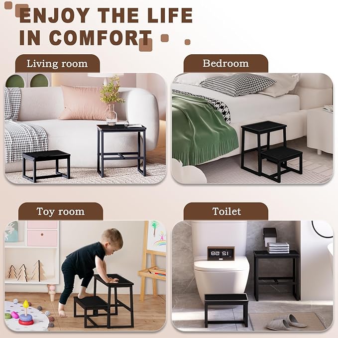 Step Stool for Kids Adults,Holds up to 500Lb,3 in1 Heavy Duty Sturdy Two Foot Stool for Kichen/Bathroom/High beds, Wooden&Metal Frame, Non-Slip Pads…