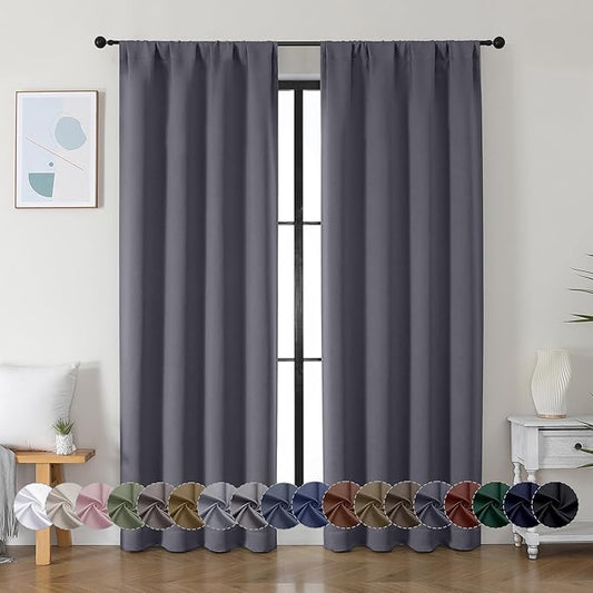 Simplebrand Ava Grey Blackout Curtains for Bedroom 84 Inch Length 2 Panels Set, Solid Thermal Insulated Privacy Living Room Window Treatment Curtains Blackout Drapes, W40 x L84 Inch, Grey