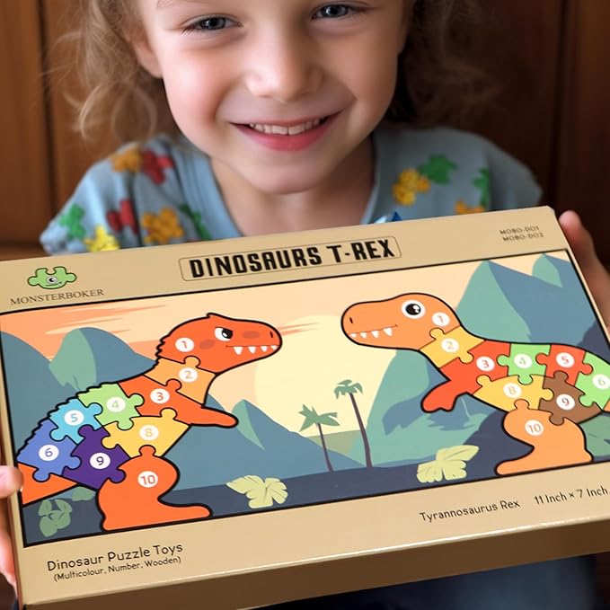 Wooden Dinosaur Puzzles Set for Kids/Toddlers Ages 1-8, T-Rex & Allosaurus with Colorful Box, Educational Dino Toys Little Boys/Girls 2 3 4 5 6 Year Old, Numbers/Chunky, Large 11"x7" Size