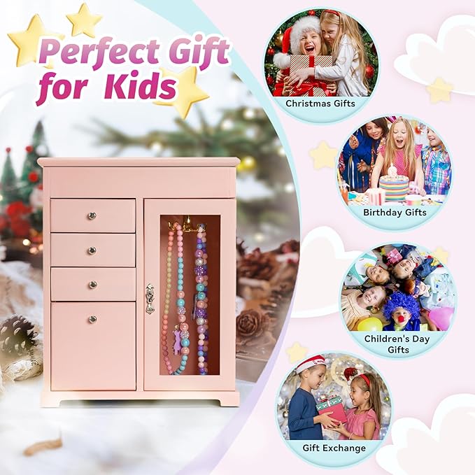 Miratino Jewelry Box for Girls, Kids Jewelry Box with Spinning Dancer, 5 Layer Large Wooden Musical Jewelry Organizer Box Gifts for Little Girls Christmas New Year Birthday Children's Day(Pink)