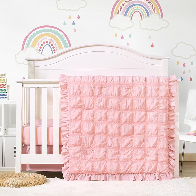 Cloele 3 Pieces Crib Bedding Set for Girls,Standard Size Pink Ruffled Nursery Crib Baby Bedding Set Includes Comforter Fitted Sheet Crib Skirt -Girls Solid Seersucker Ruffle Quilt