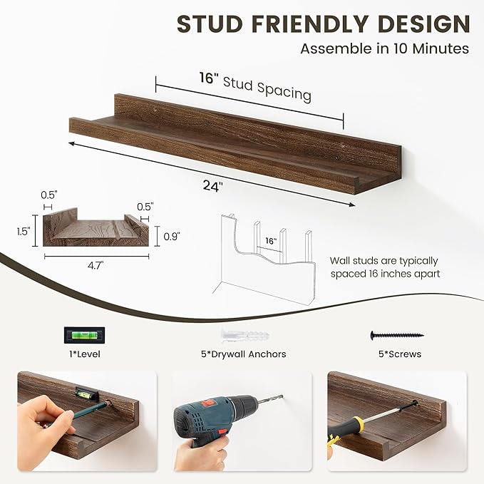 Picture Ledge Shelf - 24 Inches Floating Shelves Set of 2 - Rustic Elm Wood Ledge Shelves for Toys Storage, Kids Bookshelf Wall Mounted for Bedroom, Living Room, Kitchen - 24 Inches - Walnut Color