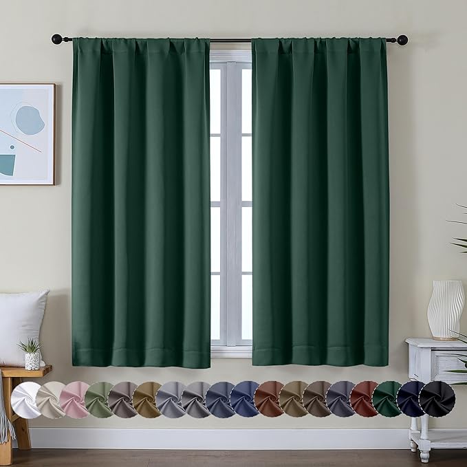 Simplebrand Ava Ever Green Short Blackout Curtains for Bedroom 54 Inches Long 2 Panels Set, Solid Thermal Insulated, Energy Saving Window Treatment Curtains Blackout Drapes, W40 x L54 Inch, Ever Green