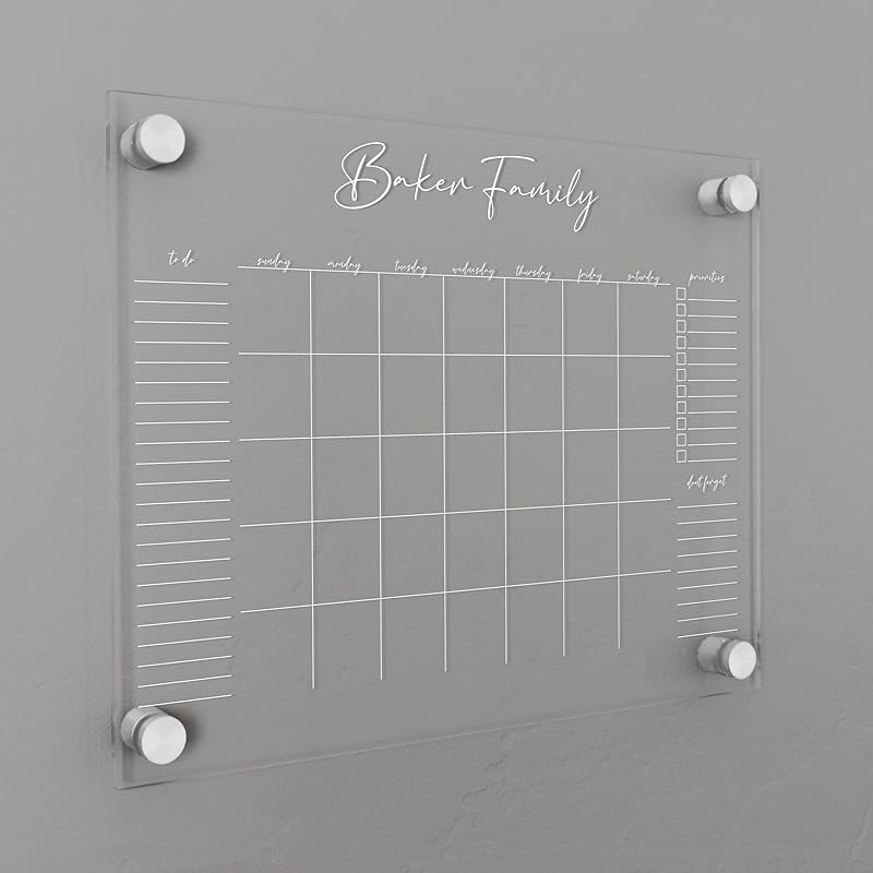 Personalized Clear Acrylic Calendar for Wall, Calendar Whiteboard for Wall, Dry Erase Wall Calendar, Wall Calendar Organizer System for Home (Cursive, White, 14"W x 11"H)