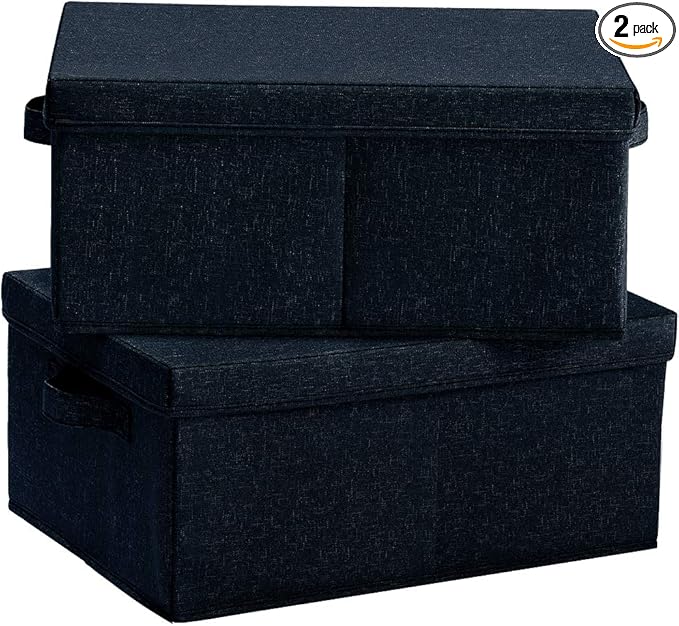HOONEX Linen Foldable Storage Bins with Lids, 2 Pack, Storage Boxes with Carrying Handles and Sturdy Heavy Cardboard, 16.5" L x 11.8" W x 7.5" H for Shoes, Books, Clothes, Nursery, Dark Grey
