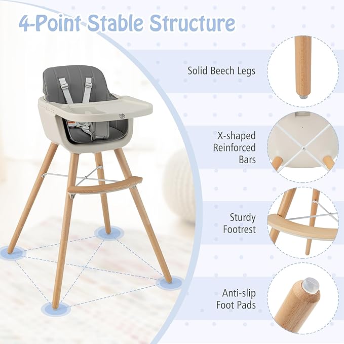 BABY JOY Baby High Chair, 3-in-1 Convertible Wooden Highchair for Babies & Toddlers, Infant Feeding Chair w/ 5-Point Safety Harness, Footrest, Adjustable Legs, Removable Tray & PU Cushion (Dark Gray)