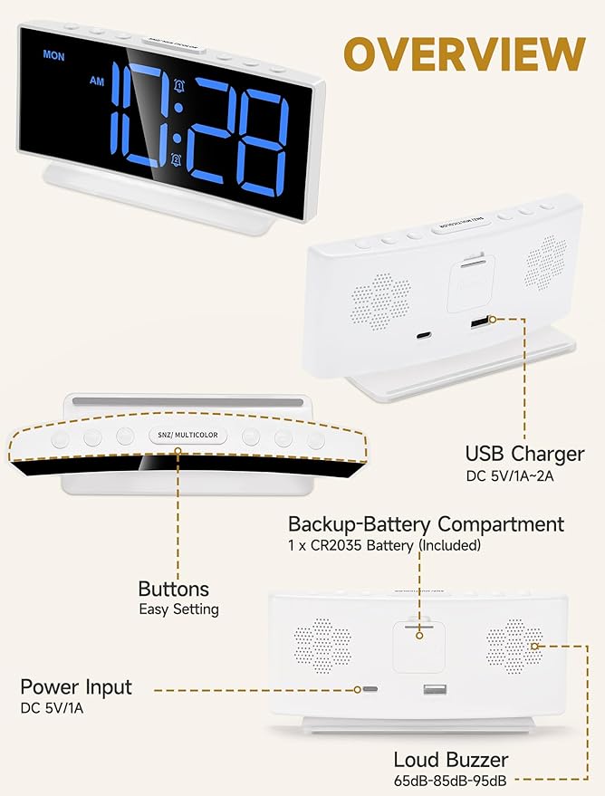 Cadmos Loud Alarm Clocks for Heavy Sleepers,Adults,Kids,Teens,Large Digital Display,7 Color Night Light,Adjustable Volume,Battery Backup,Small Bedside Clocks for Bedrooms (White+Dynamic)