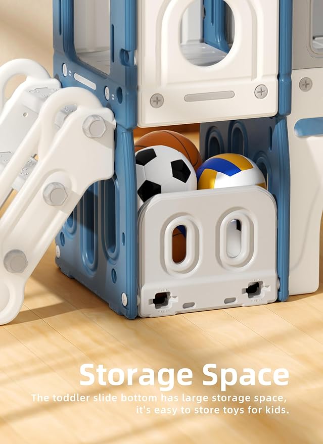 XJD 7 in 1 Toddler Slide Set, Kids Slide for Toddlers Age 1+, Toddler Climber Slide PlaySet with Basketball Hoop and Ball,Outdoor Indoor Playground for Toddlers 1-3 (Blue)