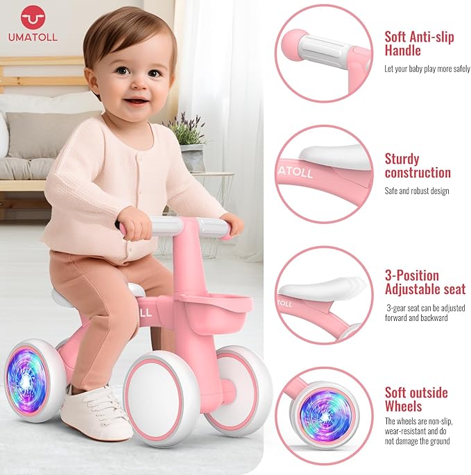 Umatoll Colorful Lighting Baby Balance Bike Toys for 1 Year Old Girls Gifts, Adjustable Seat, 1st Birthday Gifts, 12-24 Months Toddler Bike, Pink