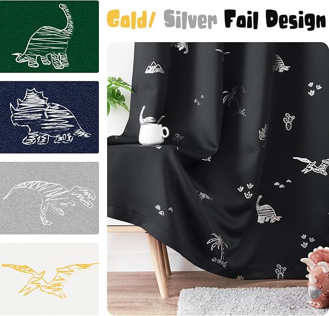 Vangao Kids Curtains Black Blackout Dinosaur Curtains for Boys Kids Nursery Girls Room Silver Dino Foil Print Thermal Insulated Drapes Grommet Top Window Treatments 63 Inches Length 2 Panels