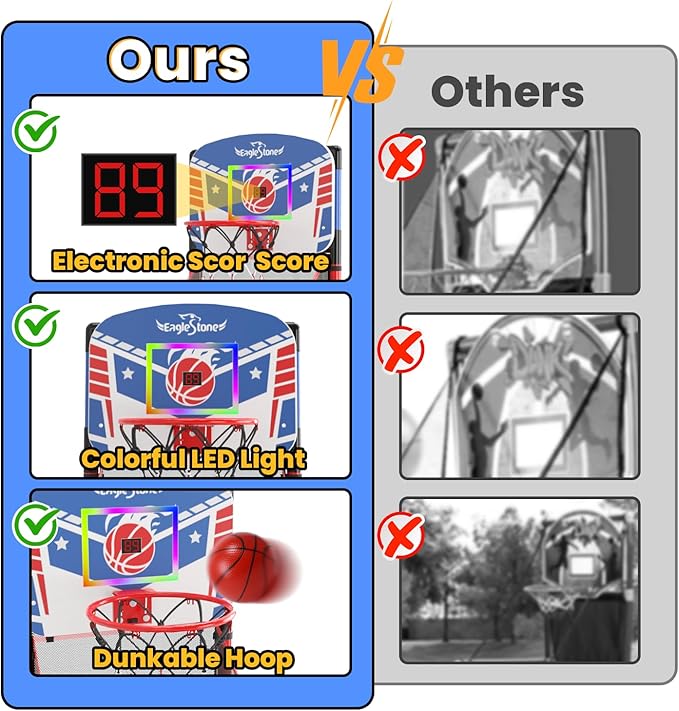 EagleStone 63IN Kids Arcade Basketball Hoop Indoor, LED Scoreboard Basketball Arcade Game Set for Outdoor with Cheer Sounds, Kids Basketball Toys for Boys Girls Age 3-5 5-7 4-8