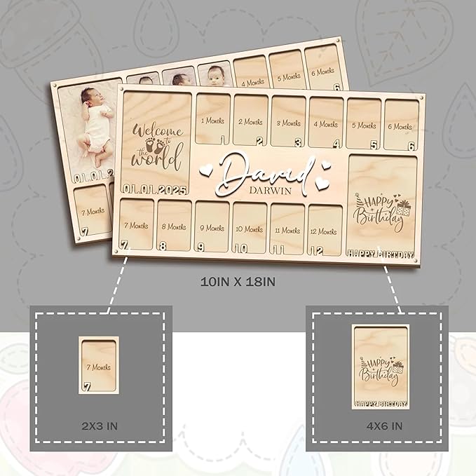 Personalized My First Year Photo Frame | 12 Months Picture Frame For Baby First Year | Displays Two 4x6 Photo and Twelve 2x3 Pictures | Birthday Party Decor Newborn Memory Keepsake, Style MP5