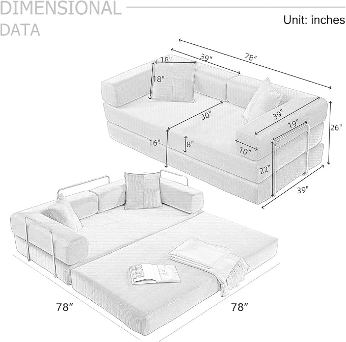 HANXIN Convertible Sleeper Sofa Bed, 78 Inch Folding Floor Mattress Couch - Image 2