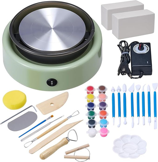 VEVOR Mini Pottery Wheel, 6 inch Turntable, Forward and Reverse Rotation, Adjustable Speed, Electric Clay Wheel for Kids and Beginners, with Shaping Tools, for Home DIY, Pottery Classes, Green