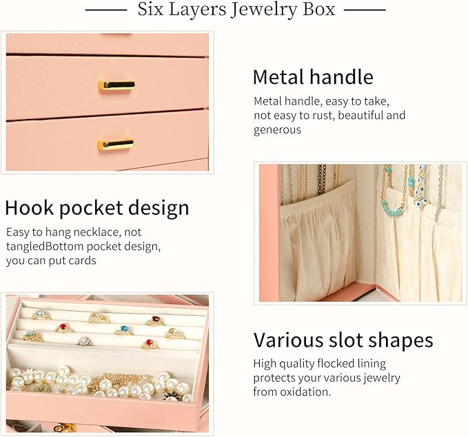 AKOZLIN Large Jewelry Box Organizer Functional Lockable with Big Mirror, Leather Jewelry Storage Case for Women Girls Ring Necklace Earring Bracelet Holder Organizer Pink