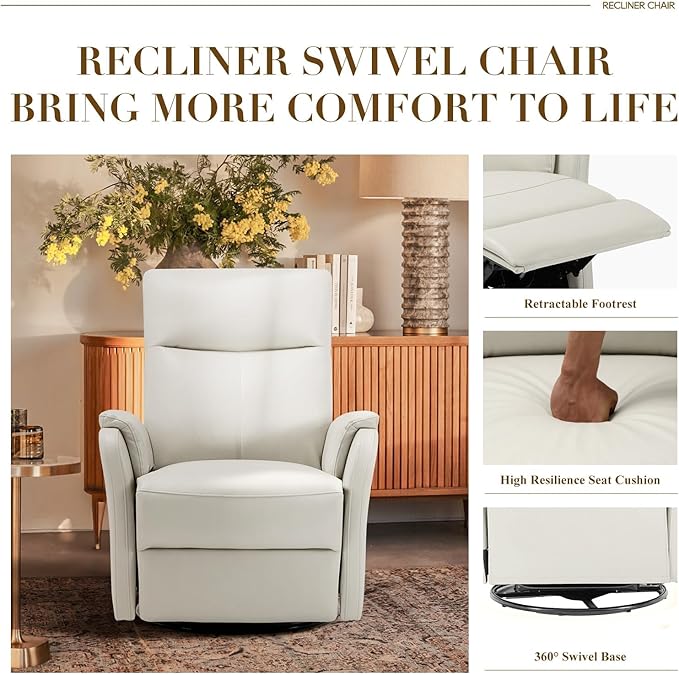 COLAMY Faux Leather Swivel Recliner Chair with Footrest, High Back with Double-Layer Cushion, Glider Recliner for Nursery & Living Room, Bedroom, Beige