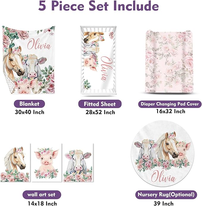 Personalized Nursery Crib Bedding Set: Custom Name Pink Floral 5 Piece Baby Crib Sets with Horse Pattern - Toddler Double Layer Blanket Set, Comfortable Crib Bed Sheets for Baby Grils