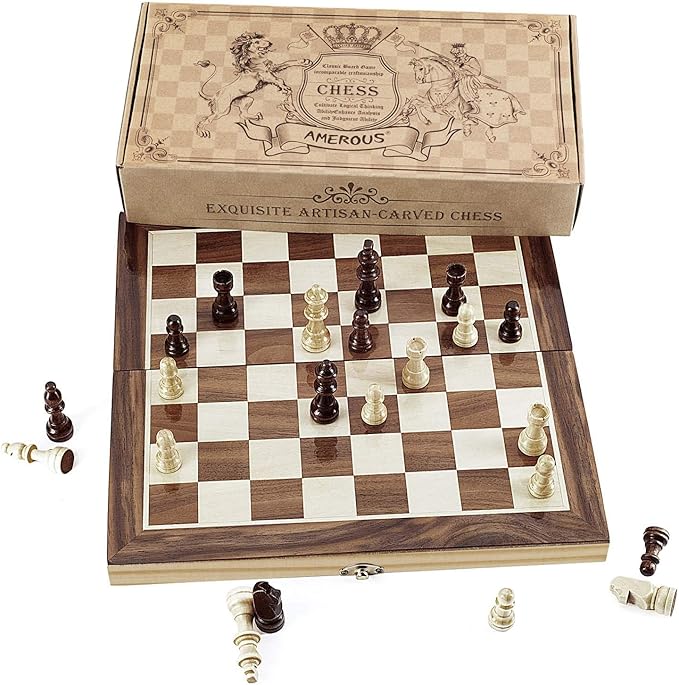 Amerous Chess Set, 12"x12" Folding Wooden Standard Travel International Chess Board Game Set with Magnetic Crafted Pieces For 2 Players