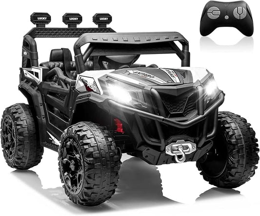 ANPABO 24V 4X4 Ride on Car Truck w/Remote Control, 4WD/2WD Switchable Kids UTV, 19" Spacious Seat, 4 Shock Absorbers, Soft Start, Music Player, Electric Car for Kids Ages 3+(White)